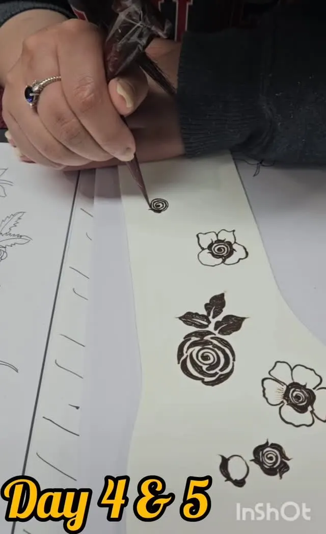 Henna practice sheet with floral motifs and a cone in hand